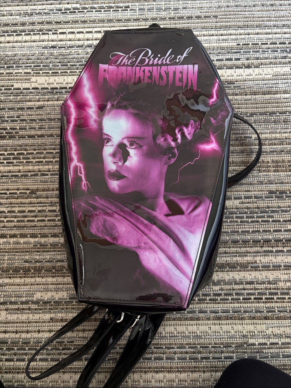 The Bride of Frankenstein Coffin Backpack in Black & Purple